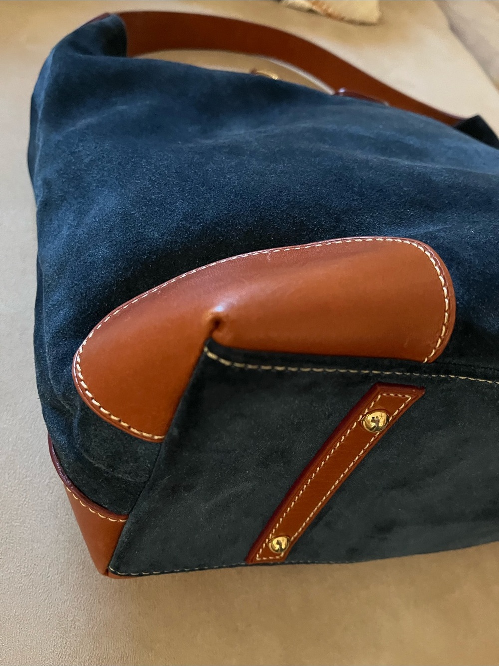 Dooney & Bourke Blue Suede Shoulder Bag with Brown Leather Trim - Picture 9 of 16